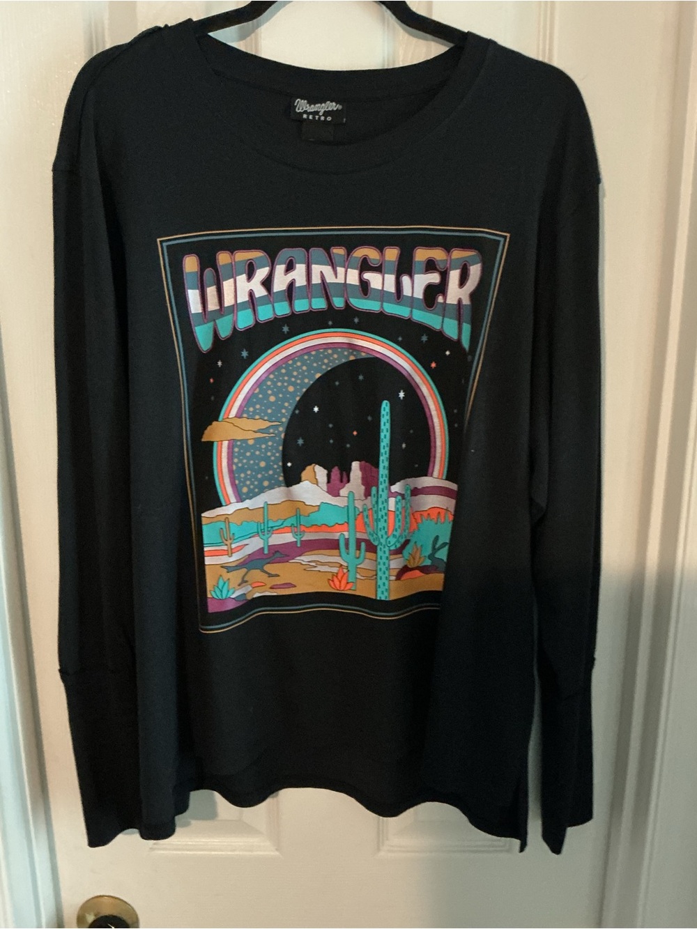 Wrangler Black Tee with Teal Pink Purple Retro Graphic